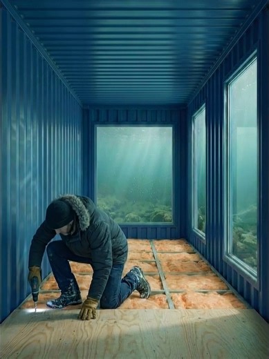 A shipping container lowered into a frozen river… Hidden beneath the ice, it’s transformed into a secret underwater room with a wooden floor foundation, insulated walls, plywood structure, an icy epoxy floor, built-in storage bed, compact kitchen, floating window bench, and warm LED lighting. From exposed steel in freezing water to a fully finished hidden living space under the ice. Would you go inside? #secretroom #tinyhome #bunker #diybuild #underground