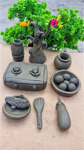 Diy miniature clay kitchen set mitti video 🍽️all kitchen set video #claycraft #miniaturecooking