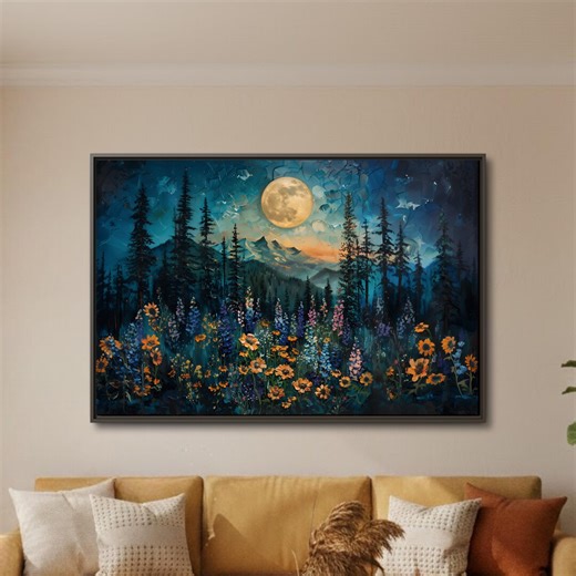 Moody Landscape Night Sky Art, Dark Woodland Wildflowers Canvas Wall Decor - Etsy