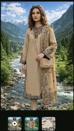 Beige embroidered women's lawn suits 3pcs