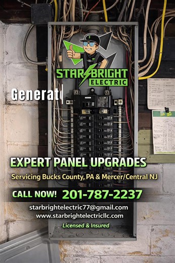 ⚡ Need a Reliable Electrician? Star Bright Electric Has You Covered! From small repairs to major upgrades, we handle all your electrical needs safely and professionally. ✔ Electrical troubleshooting & repairs ✔ Panel & service upgrades ✔ EV charger installations ✔ Indoor & outdoor lighting ✔ Outlets, switches & wiring ✔ Ceiling fans & recessed lighting ✔ Backup power & generator connections ✔ & Much More! 📍 Servicing: Bucks County, PA & Mercer / Central NJ 📞 Call or Text: 201-787-2237 🌐 Websi