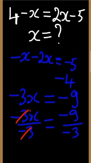 Understanding Mathematics on Instagram: "In this video, we solve the linear equation 4 − x = 2x − 5 in a clear and simple way. You’ll learn how to collect like terms, isolate the variable, and find the correct value of x with confidence. Perfect for students revising algebra, preparing for exams, or strengthening their math basics. 🎯 Topics covered: • Linear equations • Transposing terms • Simplifying algebraic expressions • Solving for x 📌 Follow for more easy-to-understand math lessons and e
