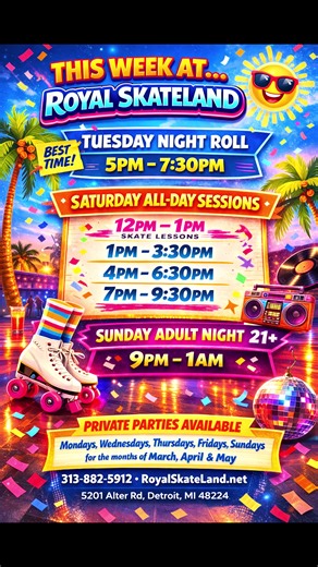 If you’ve been saying “we need to do something fun” … this is it. 🛼 Tuesday Night Roll 5–7:30 PM (BEST time to get active without messing up your sleep schedule 😂) 🔥 Saturday Sessions 12–1 PM, 1–3:30 PM, 4–6:30 PM, 7–9:30 PM 🌙 Sunday Adult Night (21 ) 9 PM – 1 AM Pull up to Royal Skateland 📍 5201 Alter Rd, Detroit 📲 313-882-5912 💻 royalskateland.net Private parties available March–May too… because somebody always got a birthday coming up 👀🎉 #RoyalSkateland #Detroitskate #detroitfyp