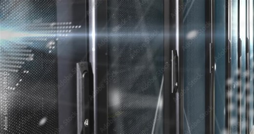 Camera pan starting server racks sliding, dotted map and text forming network, showing global flow