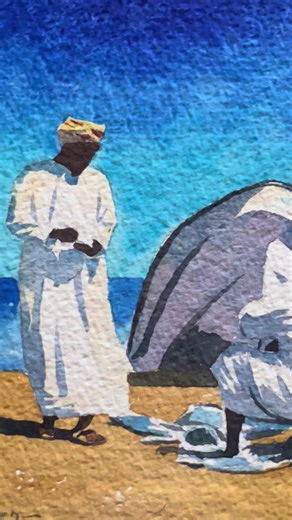 An original watercolour painting of fishermen bringing in their catch onto the beach at Barka in Oman. Inspired by sketchbook watercolours painted on location in Oman. #oman #barkaoman #watercolour #sketchbookpainting #barka
