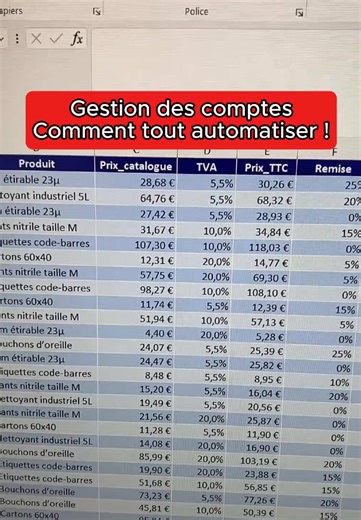 Automatiser les prix avec TVA et promos sur Excel Prix catalogue, TVA, remise, dates de promo… si tu calcules tout ça à la main, tu prends forcément des risques d’erreur. Alors je te montre comment tout automatiser proprement sur Excel. Dans ton tableau, tu as un identifiant produit, une description, le prix catalogue, le taux de TVA, la remise, la date de début et la date de fin de promo. Première étape, le prix TTC. C’est tout simple, tu prends le prix catalogue et tu le multiplies par 1 plus 