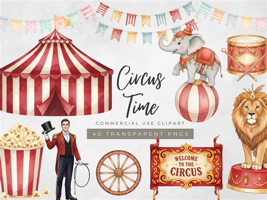 Circus Clipart, Watercolor Circus PNG Bundle, Cute Circus Animals Carnival Birthday Clipart, Nursery Watercolor Art, Circus Elements PNG - Etsy