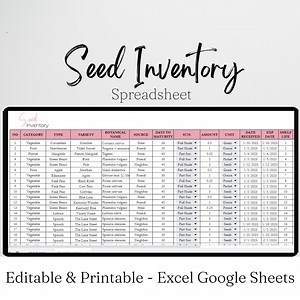 Seed Inventory Tracker, Garden Seeds Organization, Seed Starting, Seed Packets, Plant Seeds, Plants Excel Spreadsheet Google Sheets Editable - Etsy