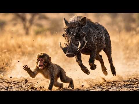 Brave Warthog Mom Bursts From Den to Save Her Helpless Cubs From a Troublemaking Monkey!