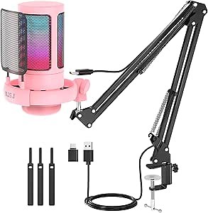 NJSJ USB Gaming Microphone for PC, Condenser Mic with Boom Arm for PS4/ PS5/ Mac/Phone with Touch Mute, RGB Lighting,Gain knob & Monitoring Jack for Streaming,Podcasting,YouTube