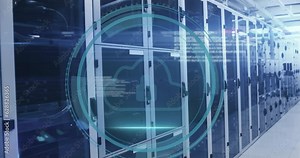 Animation of cyber security text and cloud with lock icons in circle over data server systems