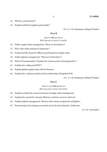 CALICUT UNIVERSITY BBA 6TH SEM SUPPLY CHAIN & LOGISTICS MANAGEMENT PREVIOUS YEAR QUESTION PAPER 2025