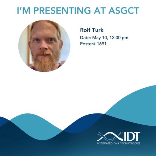 Proud of our three poster presenters at #ASGCT2024! Stop by to learn more on: 👉Optimization strategies for increasing HDR knock-in efficiency using double-stranded DNA donor templates 👉 Tools and services available for genome editing analysis (and its use for therapeutic purposes) 👉 Nomination of genome-wide CRISPR-Cas9 cleavage activity using rhAmp technology Details in the video below! Learn more here: https://idtb.io/29rgdi #ASGCT #CRISPR #genetherapy | Integrated DNA Technologies