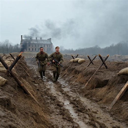 Soviet soldiers hold the line at Stalingrad, 1942. Two soldiers of the Red Army crouch inside a shattered trench during the Battle of Stalingrad in 1942, each gripping a PPSh-41 submachine gun as they brace for the next wave of fighting. Mud and debris line the trench walls, the air thick with smoke from artillery strikes that pounded the city day and night. The men, bundled in field uniforms suited for the brutal Russian winter, keep low while scanning over the trench edge, ready to fire at adv