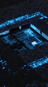 Neon futuristic cube. Animation. High-Tech background with neon cube rising from hole on surface launching cyber mechanisms