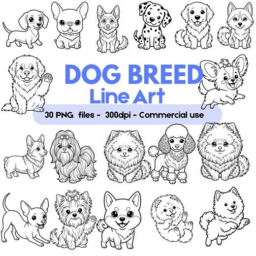 Dog Breed Line Art Clipart Bundle, Puppy Outline PNG, Coloring Page Illustration (digital Download) - Etsy