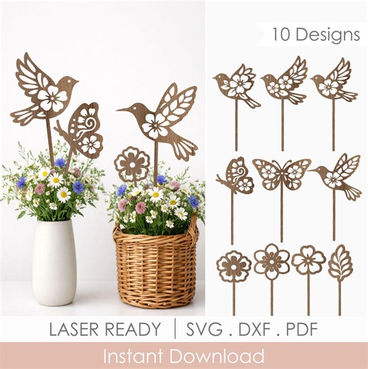 Bird Plant Stakes SVG Bundle Laser File, Butterfly and Flower Pot Decor - Etsy