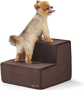 Lesure Dog Stairs for High Beds Extra Wide Foldable Pet Steps 2-Steps for Medium Small Dogs and Old Cats with CertiPUR-US Certified Foam and Non-Slip Bottom, Brown