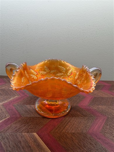 Carnival Glass compote bowl in marigold in basketweave pattern