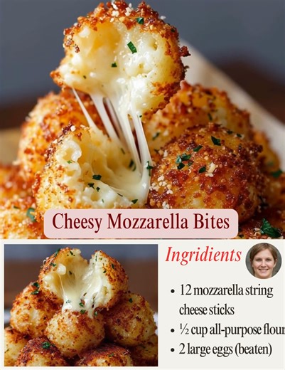 🧀 Cheesy Mozzarella Bites – Crispy, Gooey, and Totally Addictive! 😋✨ These Cheesy Mozzarella Bites are the ultimate party snack — golden on the outside, melty in the middle, and gone in seconds! Perfect for game days, gatherings, or just when you’re craving something irresistibly cheesy. 🧂 Ingredients 12 mozzarella string cheese sticks (cut into bite-sized pieces) ½ cup all-purpose flour 2 large eggs (beaten) 1½ cups breadcrumbs (plain or Italian-style) ½ tsp garlic powder ½ tsp Italian seaso