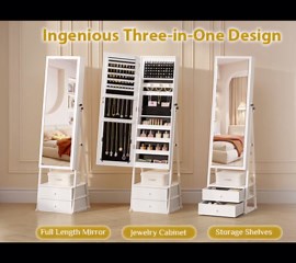 Bonnlo 360° Swivel Jewelry Mirror Cabinet with Inside Makeup Mirror,Full Length Mirror with Jewelry Storage, Lockable Standing Jewelry Armoire Organizer, Espejo Oon Almacenamiento for Bedroom,White