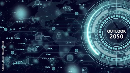 Outlook 2050. Economic, innovation, business outlook concept. business view or economic growth forecast for 2050. Touching on virtual screen with OUTLOOK 2050 text and business trend icons. 4K motion