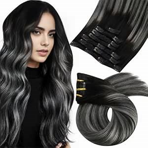 Moresoo Clip in Hair Extensions Black Ombre Grey Remy Double Weft Hair Extensions Clip ins Real Human Hair Balayage Black and Silver for Long Straight 7Pieces 120Grams 24inch