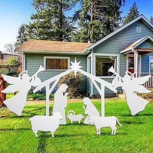 Barydat 5 Pcs 3.4ft Nativity Set Outdoor Christmas Nativity Scenes for Yard Lawn Large Angel Jesus Savior Holy Family Set with Ground Stakes and Tapes Waterproof PVC Display Decor White