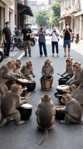 Monkeys Drumming Music on the Street 🥁🐒 | People Stop & Watch Funny Performance