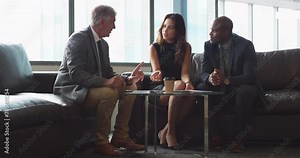 Documents, negotiation and professional people consulting on financial investment, business proposal or sales pitch. Meeting, collaboration and team listening to ideas, plan or contract agreement