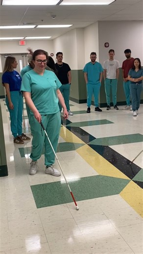 Day one of the term started in Low Vision Lab 👓✨ Students practiced navigating with a cane and everyday tasks like pouring water and applying toothpaste —gaining perspective on the real-world experiences of individuals with low vision 🤍 | Nova Southeastern University - College of Optometry