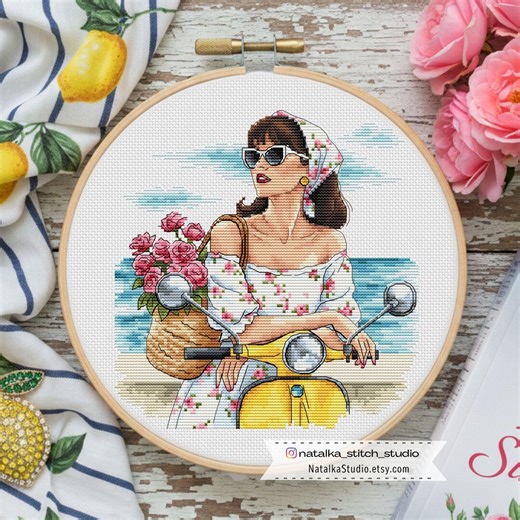 Italian Cross Stitch Pattern PDF, Summer Woman, Mediterranean Style - Etsy