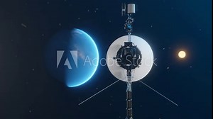 3D animation showing the Voyager spacecraft around Earth with the Sun in the background.