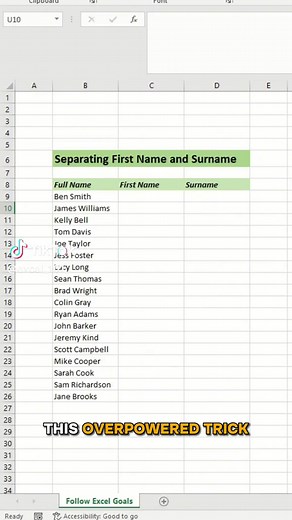 Separating first names and surnames in excel #excel #microsoftexcel #spreedsheet #exceltips #exceltricks #excellearning #microsoftlearning #excelshortcuts #fyp