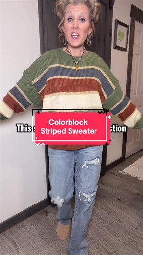 If you love cozy, effortless outfits, this colorblock striped sweater is a must. Soft, comfortable, and easy to style for everyday wear—perfect for fall and winter layering. This is the kind of sweater that makes getting dressed simple ✨ #FallSweater #CozyStyle #EverydayOutfits #CasualFashion #LayeringSeason