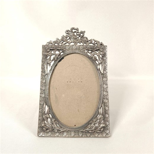 Ornate Pewter Picture Frame, Vintage Silvery Metal Photo Holder, Freestanding Oval Single Photograph Display, Feminine Floral Vanity Decor - Etsy