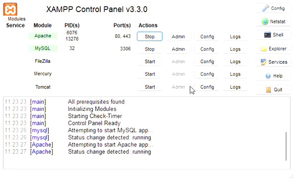 XAMPP Control Panel v3 3 0 Compiled Apr 6th 2021 2021 11 19 11 23 58