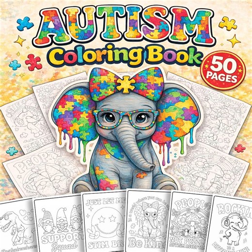 Autism Coloring Book 50 Pages, Neurodiversity Puzzle Ribbon Coloring Pages, Autism Support Awareness Activity Book Designs