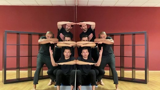 1 mirror 4 dancers, what a cool effect 😯 Just 1 hour 4brains to creat this #kaleidoscope. Thank you MH Danse & Forme . 🎶 Stwo #geometrievariable #art #ballet #tutting #mirror #dance #choreography #popping #blackandwhite | Géométrie Variable