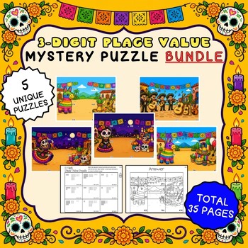 3-Digit Place Value Puzzle Worksheets | Día de los Muertos Fiesta Bundle, Gr.1-3