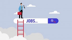 Businessman climbing to a search bar looking for work with a telescope cartoon animation video