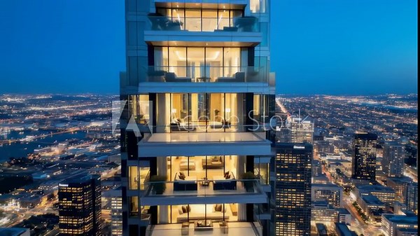Exterior Zoom of High Rise Residential Building at Night in Cityscape