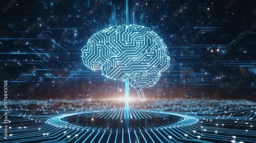 Luminous digital brain formed from circuitry floating above a data platform representing artificial intelligence and advanced neural computing concepts.