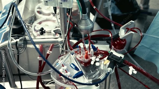 Continuous blood circulation support system working during surgical operation. Concept of modern medical technologies.