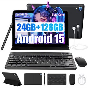 AEEZO 2025 Newest Android 15 Tablets 10inch with Case,Go Octa Core Tablet with 24GB 128GB/1 TB Expansion, WiFi 6, 5MP 8MP Camera, 5000mAh, Split-Screen,Black Keyboard & Mouse Set Black