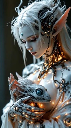 Dark Elf Cyborg with Glowing Runes Holds Alien Monster #fantasy #cyberpunk #aishorts #scifi #darkelf