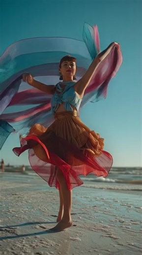 Girl dancing with props (scarf, ribbons) on beach shore #trending #reels #shorts #viral
