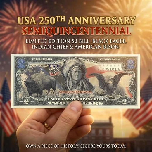 🇺🇸 Celebrate America’s 250th Anniversary 🦅 Black Eagle • Indian Chief • American Bison 💵 Limited Edition $2 Bill Collectible | Proud Patriots