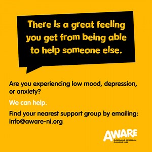 Sharing your experience at an AWARE NI mental health support group helps combat feelings of isolation and can be a positive experience to know that you have helped someone else. Our volunteers who facilitate the support groups have experienced depression themselves or have cared for someone with depression. For more information about our support groups or volunteering with AWARE NI click the link below ⬇️ https://aware-ni.org/support-groups/ #AWARENI #Volunteer | AWARE NI | Facebook