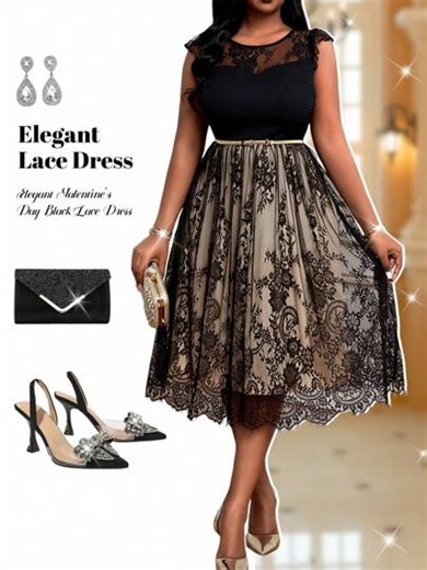 Fleurora Spring And Summer Elegant Valentine's Day Black Lace Round Neck Flared Cape Sleeve Midi Plus Size Dresses | SHEIN